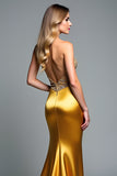 Golden Sweetheart Beaded Sheath Long Prom Dress with Slit