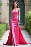 Fuchsia Square Neck Satin A Line Long Prom Dress with Slit