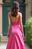 Fuchsia Square Neck Satin A Line Long Prom Dress with Slit