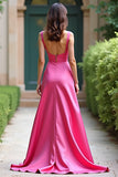 Fuchsia Square Neck Satin A Line Long Prom Dress with Slit