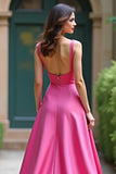 Fuchsia Square Neck Satin A Line Long Prom Dress with Slit