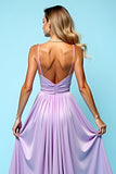 Lilac A Line Spaghetti Straps Chiffon Bridesmaid Dress with Slit