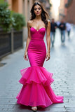 Strapless Mermaid Fuchsia Long Prom Dress with Ruffles