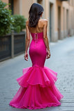 Strapless Mermaid Fuchsia Long Prom Dress with Ruffles