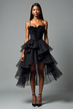 Black A Line V-Neck Tiered Ruffles High Low Graduation Dress