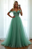 Green Off the Shoulder Corset A Line Long Prom Dress