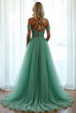 Green Off the Shoulder Corset A Line Long Prom Dress