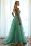 Green Off the Shoulder Corset A Line Long Prom Dress