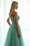 Green Off the Shoulder Corset A Line Long Prom Dress