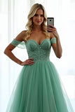 Green Off the Shoulder Corset A Line Long Prom Dress