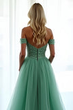 Green Off the Shoulder Corset A Line Long Prom Dress