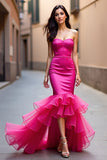 Fuchsia Strapless Mermaid High Low Prom Dress with Ruffles