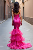 Fuchsia Strapless Mermaid High Low Prom Dress with Ruffles