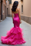 Fuchsia Strapless Mermaid High Low Prom Dress with Ruffles