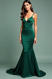 Mermaid V-Neck Dark Green Spaghetti Straps Long Prom Dress