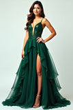 A Line Dark Green Deep V Neck Ruffled Long Prom Dress with Slit