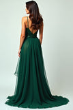 A Line Dark Green Deep V Neck Ruffled Long Prom Dress with Slit