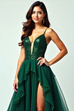 A Line Dark Green Deep V Neck Ruffled Long Prom Dress with Slit