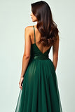 A Line Dark Green Deep V Neck Ruffled Long Prom Dress with Slit