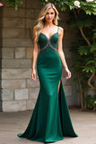 Sheath Beaded Dark Green Spaghetti Straps Long Prom Dress with Slit