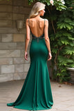 Sheath Beaded Dark Green Spaghetti Straps Long Prom Dress with Slit