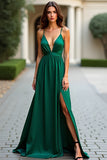 Dark Green A Line V-Neck Long Prom Dress with Slit