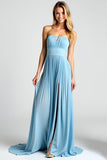 A Line Pleated Blue Strapless Chiffon Bridesmaid Dress with Slit