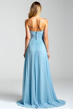 A Line Pleated Blue Strapless Chiffon Bridesmaid Dress with Slit