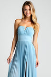 A Line Pleated Blue Strapless Chiffon Bridesmaid Dress with Slit