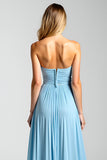 A Line Pleated Blue Strapless Chiffon Bridesmaid Dress with Slit