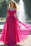 Fuchsia Cold Shoulder Flowy A Line Long Bridesmaid Dress