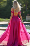 Fuchsia Cold Shoulder Flowy A Line Long Bridesmaid Dress