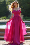 Fuchsia Cold Shoulder Flowy A Line Long Bridesmaid Dress