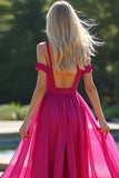 Fuchsia Cold Shoulder Flowy A Line Long Bridesmaid Dress