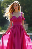 Fuchsia Cold Shoulder Flowy A Line Long Bridesmaid Dress