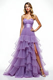 Princess Tiered Purple Strapless Ruffles A Line Prom Dress with Slit