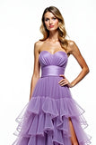 Princess Tiered Purple Strapless Ruffles A Line Prom Dress with Slit