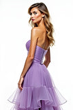 Princess Tiered Purple Strapless Ruffles A Line Prom Dress with Slit