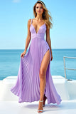 V Neck Lilac A Line Pleated Chiffon Bridesmaid Dress with Slit