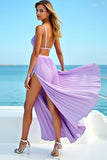 V Neck Lilac A Line Pleated Chiffon Bridesmaid Dress with Slit