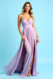 Lilac A Line V Neck Pleated Maxi Chiffon Bridesmaid Dress with Slit