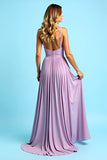 Lilac A Line V Neck Pleated Maxi Chiffon Bridesmaid Dress with Slit