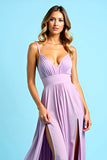 Lilac A Line V Neck Pleated Maxi Chiffon Bridesmaid Dress with Slit