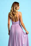 Lilac A Line V Neck Pleated Maxi Chiffon Bridesmaid Dress with Slit