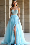 Light Blue Sweetheart Beaded A Line Long Prom Dress with Slit