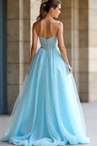 Light Blue Sweetheart Beaded A Line Long Prom Dress with Slit