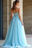 Light Blue Sweetheart Beaded A Line Long Prom Dress with Slit