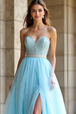 Light Blue Sweetheart Beaded A Line Long Prom Dress with Slit