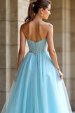 Light Blue Sweetheart Beaded A Line Long Prom Dress with Slit