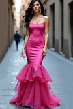 Mermaid Fuchsia Sweetheart Ruffled Long Prom Dress